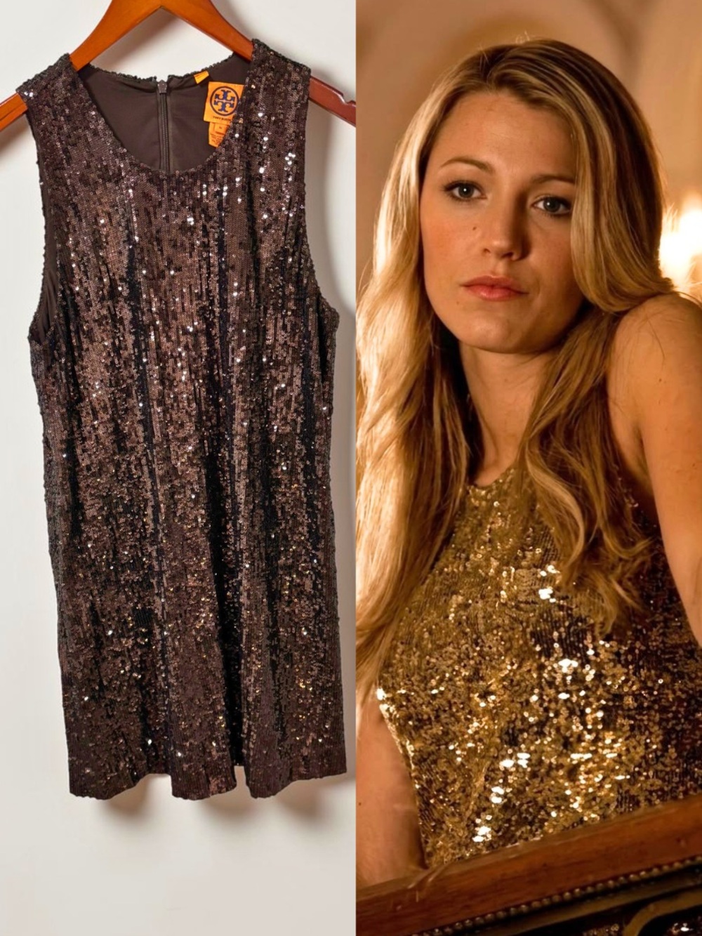 Tory Burch Sequin Dress ASO Serena Van Der Woodsen Gossip Girl Alt Brown M Rare - Picture 2 of 9